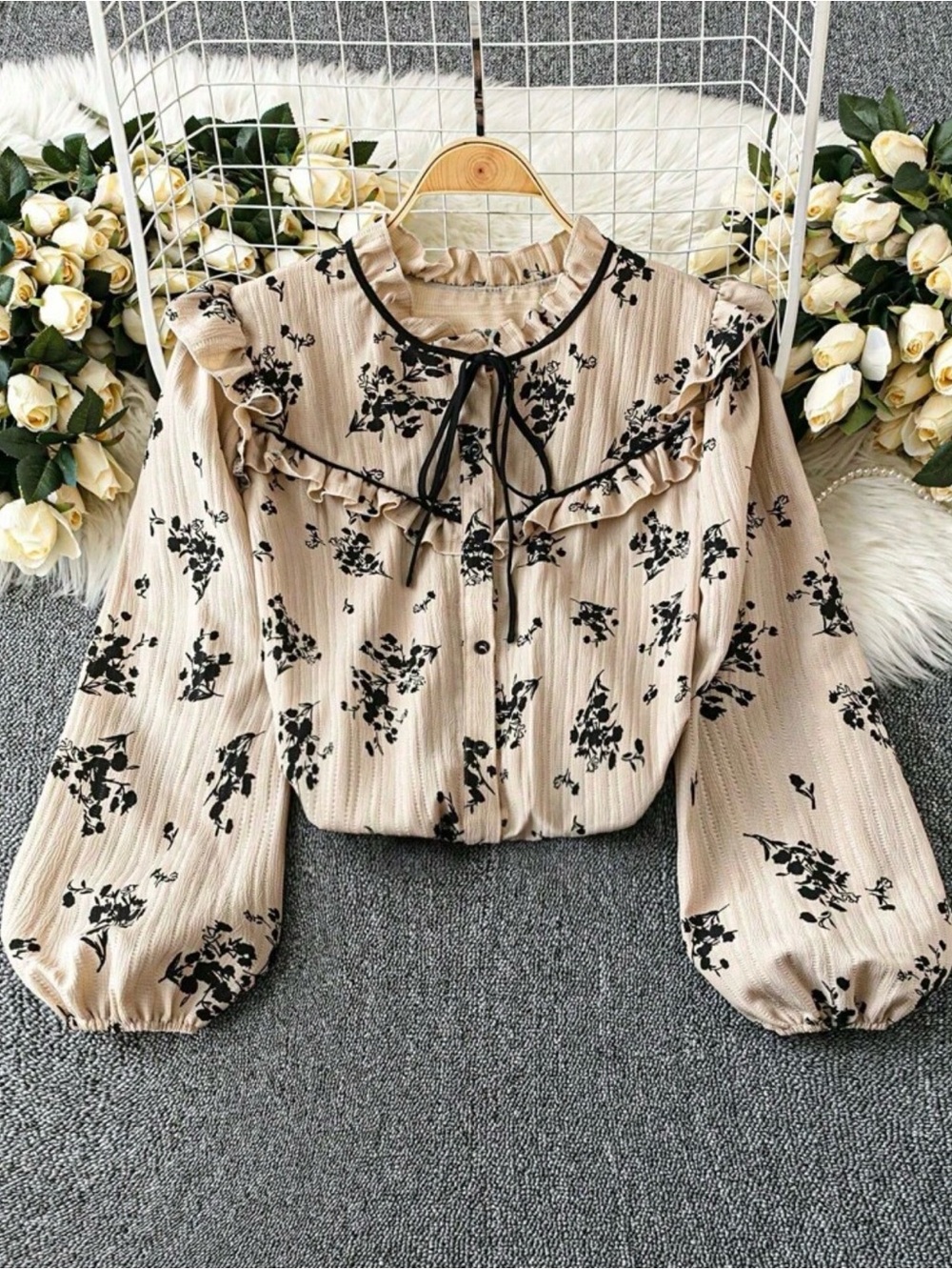 SHEIN Beige Floral Ruffle Tie-Neck Blouse